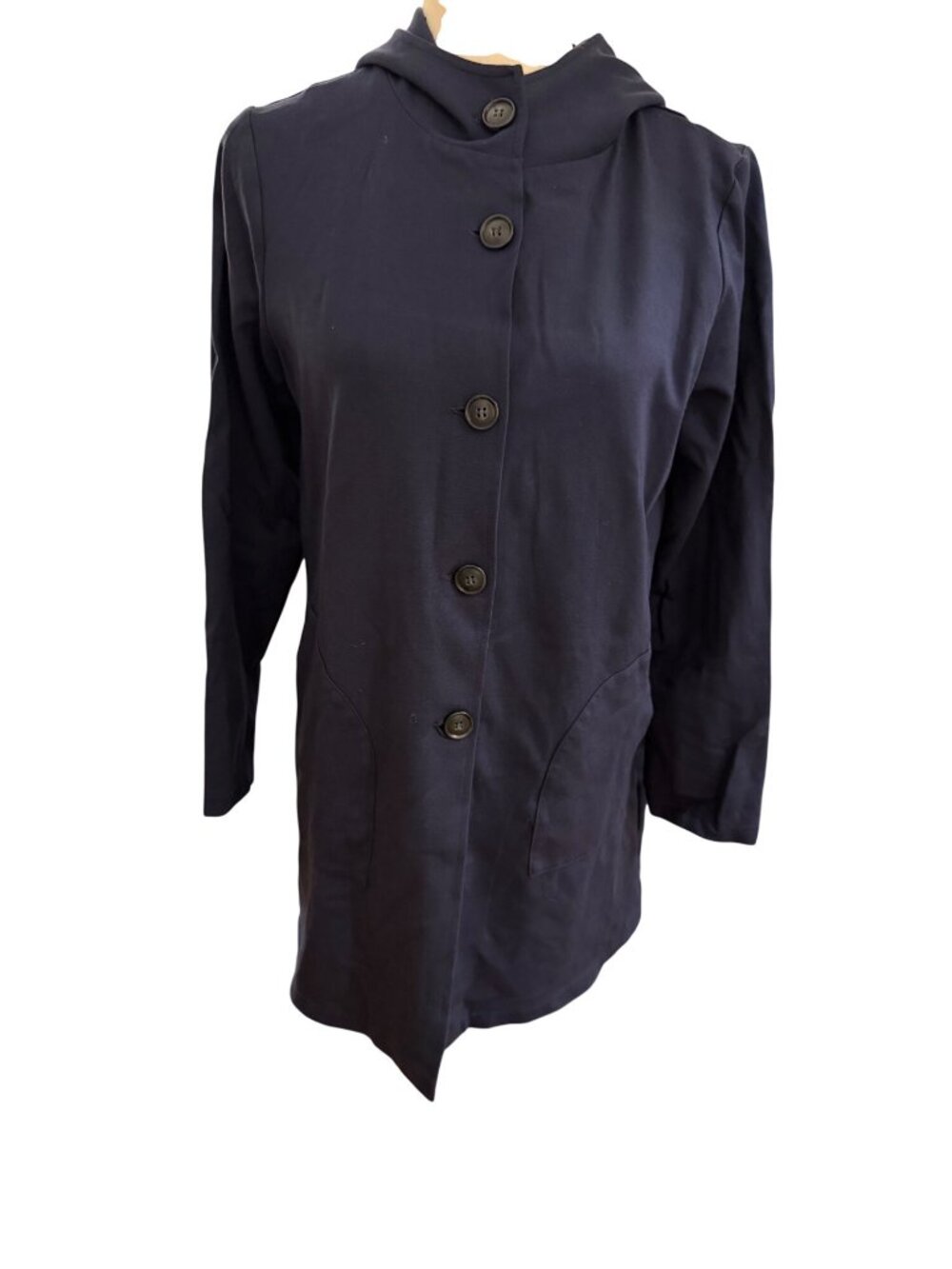 Navy Blue Hooded Button Front Coat Viscose Blend Made in‎ USA RN 139906